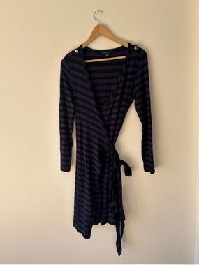 Banana Republic Navy and Black Striped Long-Sleeve Wrap Dress